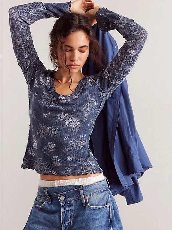 We The Free Tops - We The Free Navy Clover Printed Thermal Long Sleeve Top (Large)